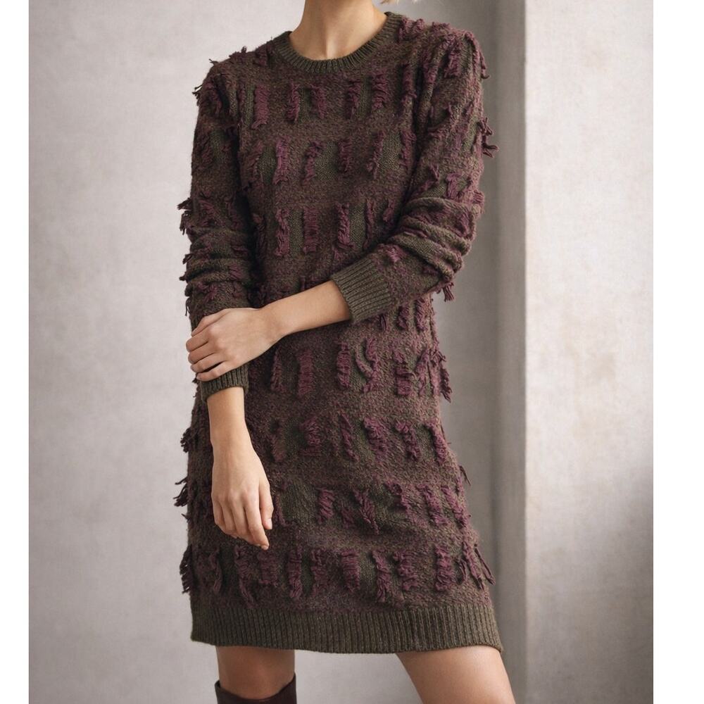 Rara Avis by Iris Apfel NWT Chunky Fringe Sweater Dress Olive Burgundy XS - Picture 2 of 13